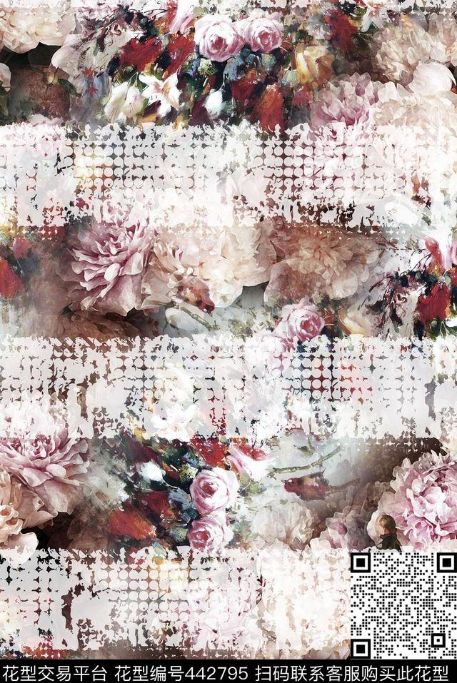 复古笔触横条花卉组合花卉、笔触、复古数码印花华亿平台下载（图片编号: 442795） - 瓦栏（Walan）
