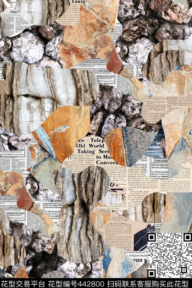 创意破碎拼接岩石纹路、报纸文字、涂鸦破碎概念数码印花华亿平台下载（图片编号: 442800） - 瓦栏（Walan）