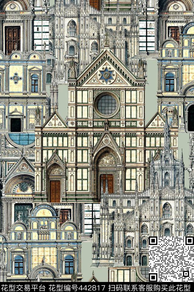 几何建筑欧式数码印花华亿平台下载（图片编号: 442817） - 瓦栏（Walan）