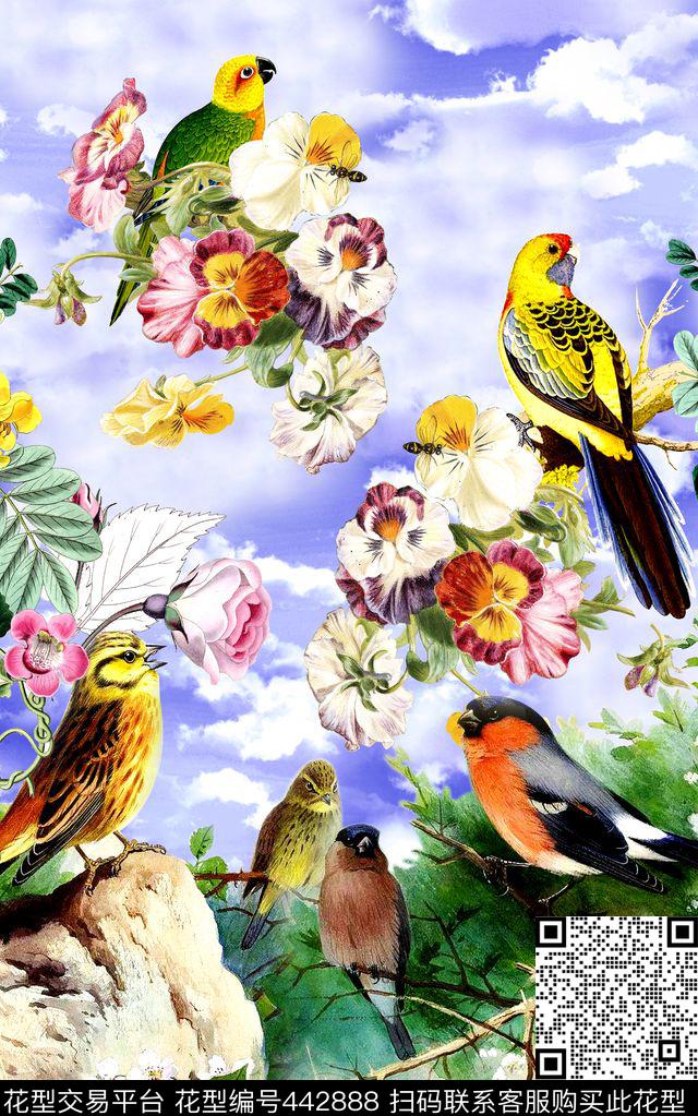 花卉田园风小鸟数码印花华亿平台下载（图片编号: 442888） - 瓦栏（Walan）