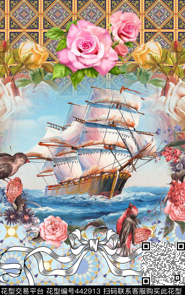 帆船复古宫廷风数码印花华亿平台下载（图片编号: 442913） - 瓦栏（Walan）