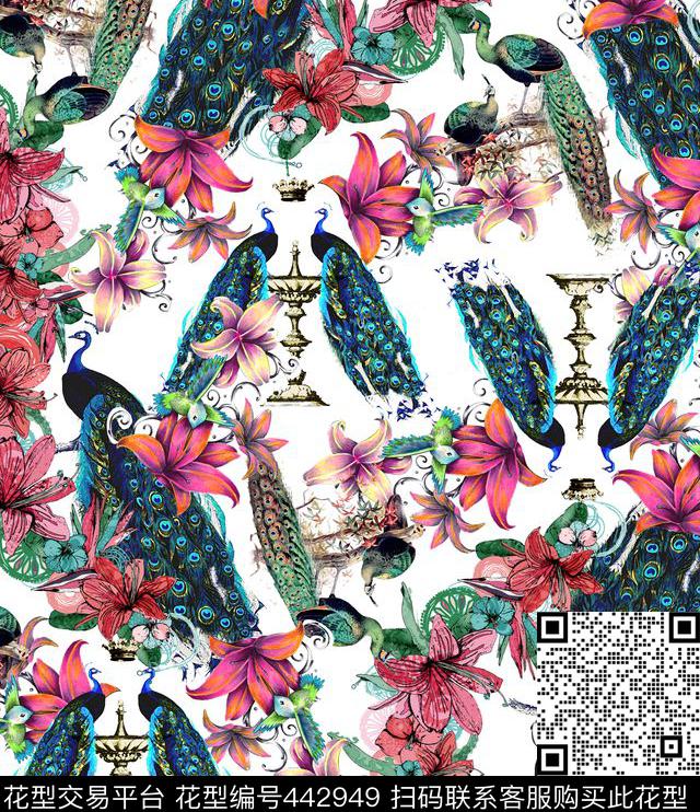 动物花卉孔雀数码印花华亿平台下载（图片编号: 442949） - 瓦栏（Walan）
