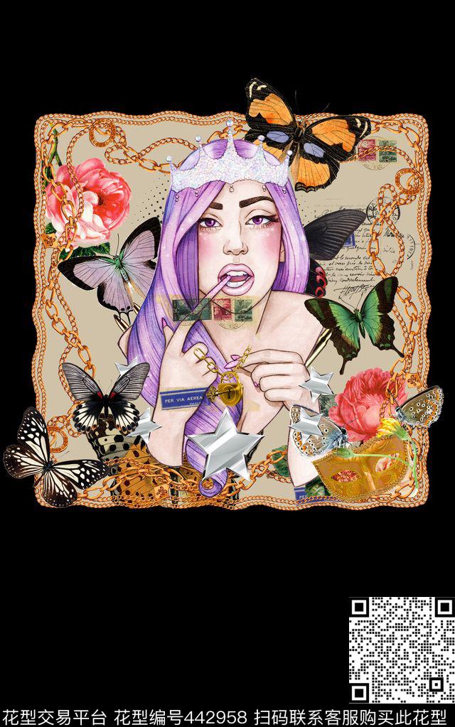 T恤衬衫定位美女插画蝴蝶数码印花华亿平台下载（图片编号: 442958） - 瓦栏（Walan）