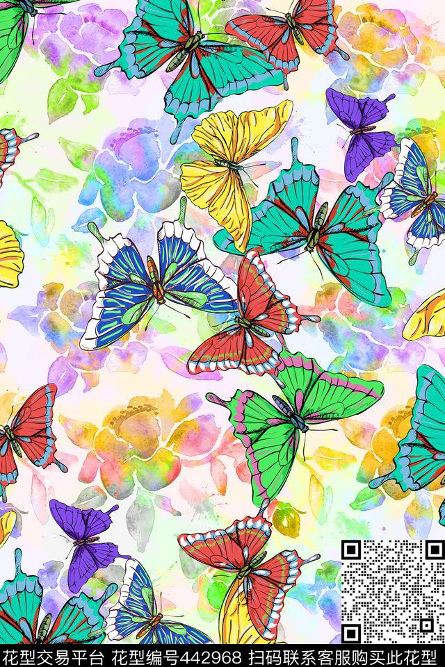 彩色春夏蝴蝶数码印花华亿平台下载（图片编号: 442968） - 瓦栏（Walan）