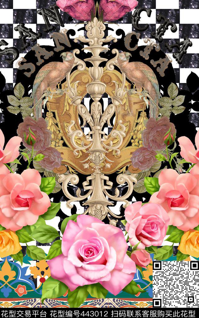 复古纹理黑白方格花卉数码印花华亿平台下载（图片编号: 443012） - 瓦栏（Walan）