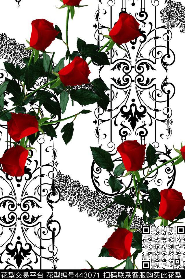 复古民族玫瑰花数码印花华亿平台下载（图片编号: 443071） - 瓦栏（Walan）