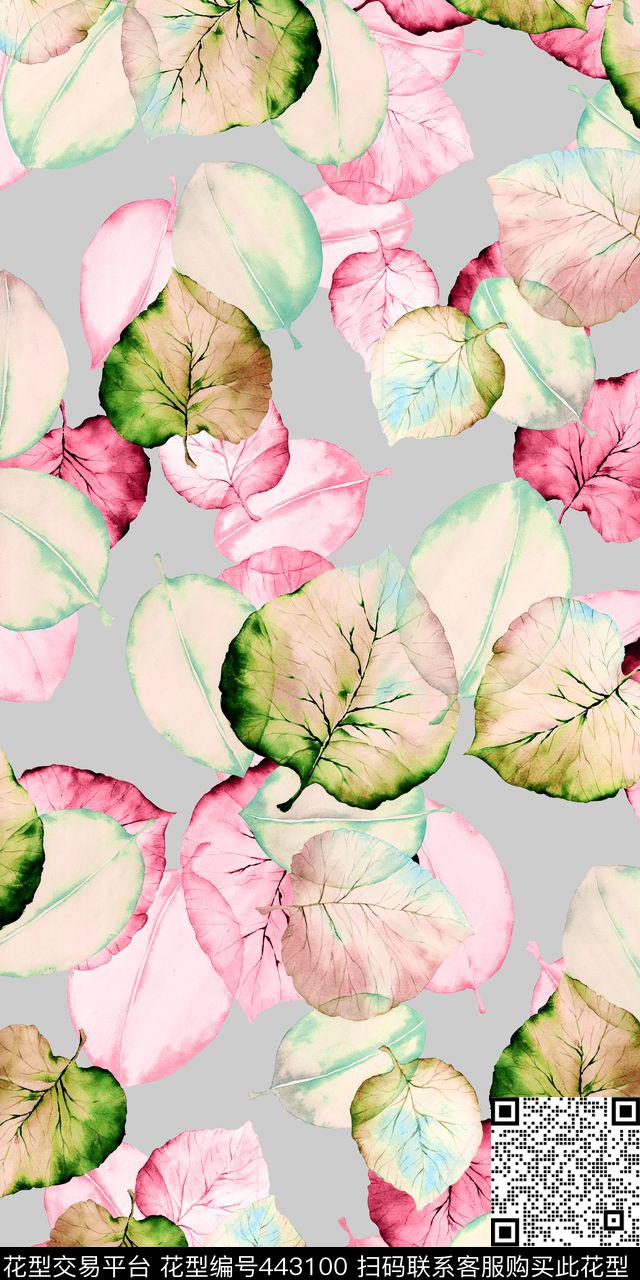 清新时尚手绘手绘叶子淡雅灰色底纹数码印花华亿平台下载（图片编号: 443100） - 瓦栏（Walan）