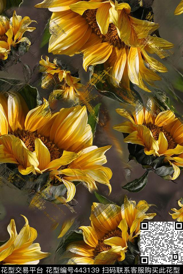 仿古向日葵数码印花华亿平台下载（图片编号: 443139） - 瓦栏（Walan）