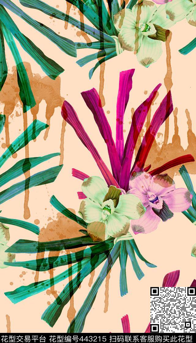 花卉墨迹清新数码印花华亿平台下载（图片编号: 443215） - 瓦栏（Walan）