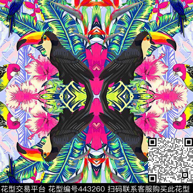 热带枝叶花鸟数码印花华亿平台下载（图片编号: 443260） - 瓦栏（Walan）