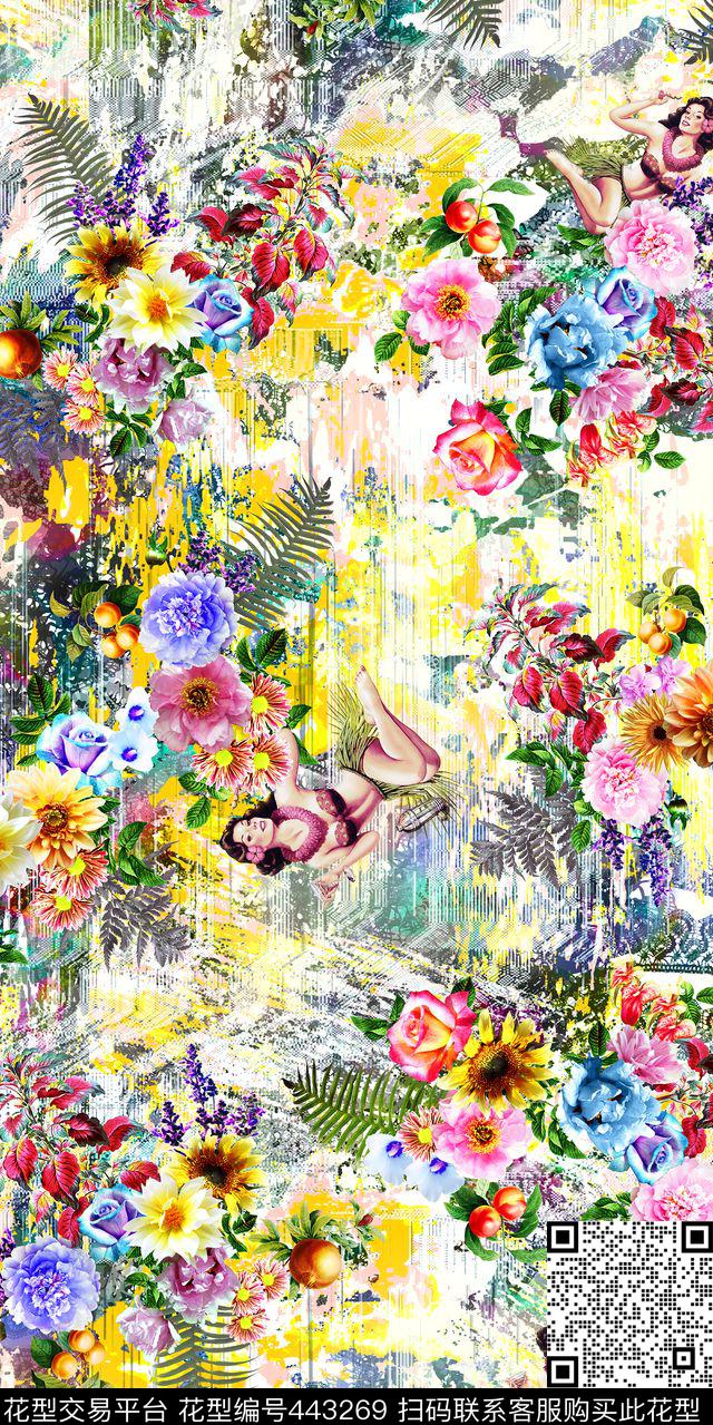满版华亿平台花卉涂鸦底纹加美女数码印花华亿平台下载（图片编号: 443269） - 瓦栏（Walan）