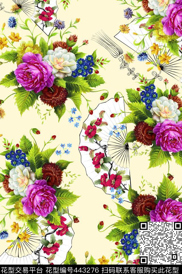 古典扇子花卉流行时尚扇子花流行时尚花卉数码印花华亿平台下载（图片编号: 443276） - 瓦栏（Walan）