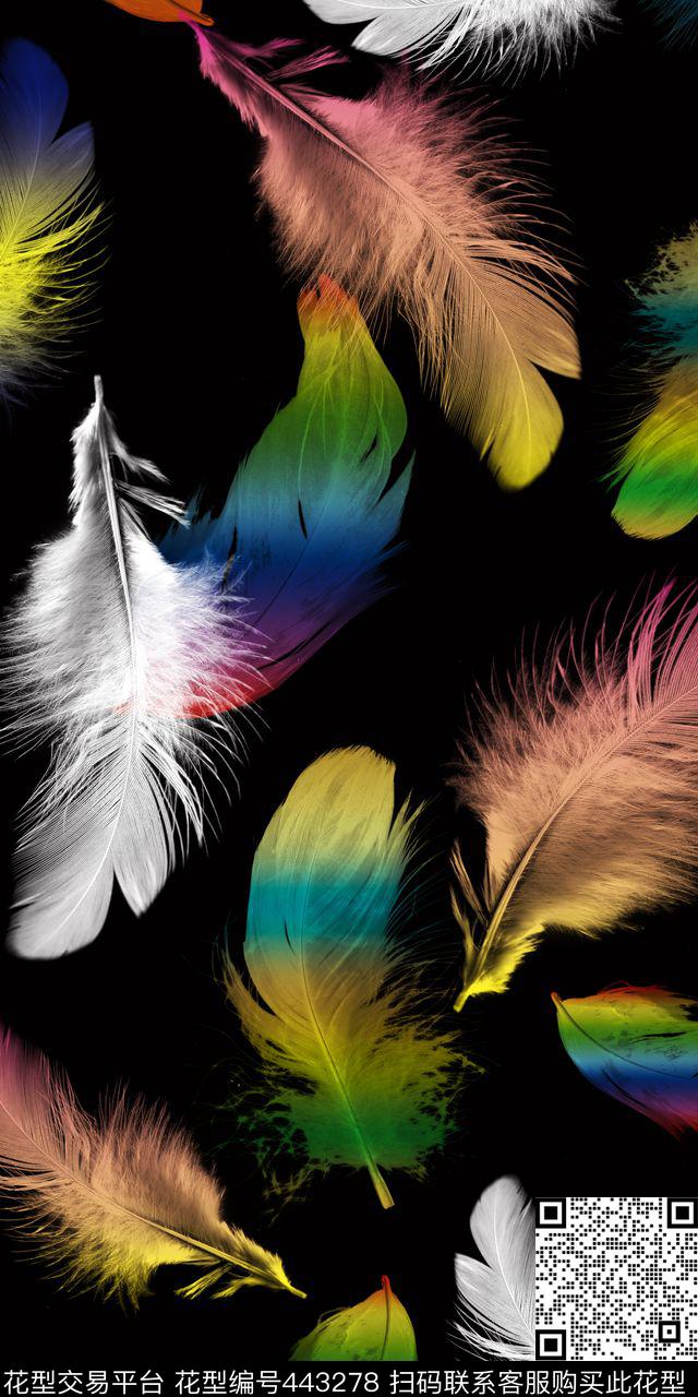 大气黑底多彩羽毛时尚数码数码印花华亿平台下载（图片编号: 443278） - 瓦栏（Walan）