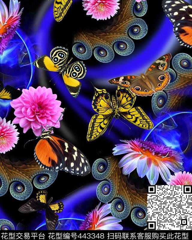 华贵时尚蝴蝶花卉绚丽底纹数码印花华亿平台下载（图片编号: 443348） - 瓦栏（Walan）