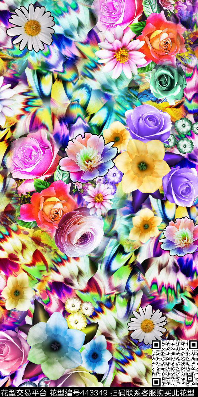 炫丽缤纷多彩时尚羽毛底数码花卉数码印花华亿平台下载（图片编号: 443349） - 瓦栏（Walan）