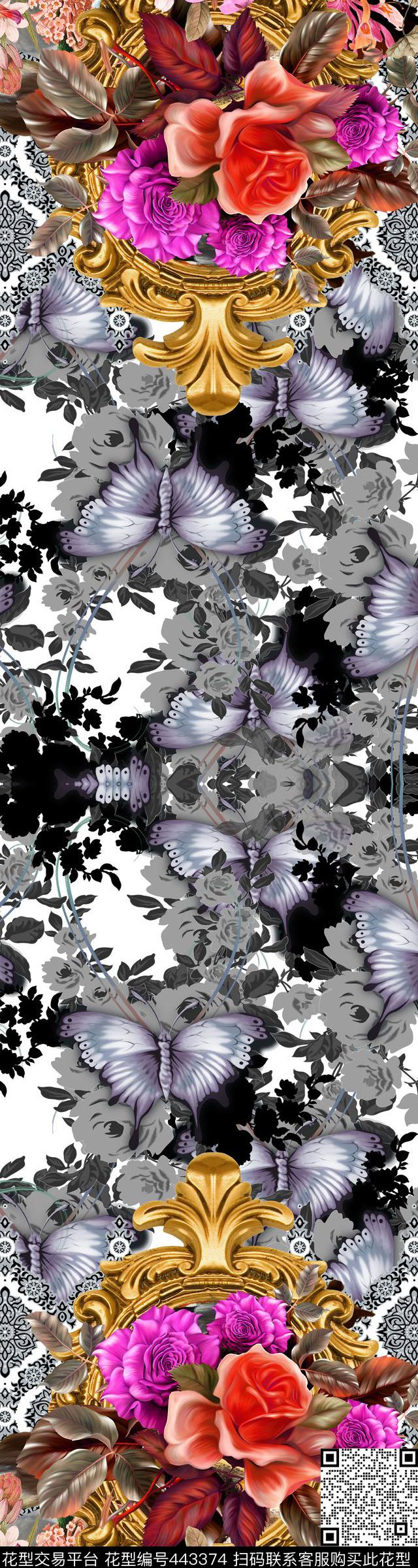 蝴蝶花卉欧式花纹数码印花华亿平台下载（图片编号: 443374） - 瓦栏（Walan）