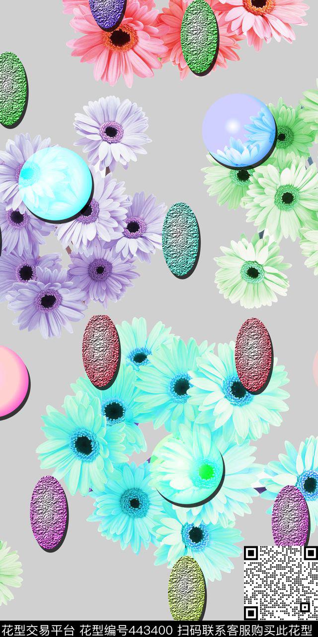 时尚春夏写真彩绘小野菊多彩泡泡数码印花华亿平台下载（图片编号: 443400） - 瓦栏（Walan）