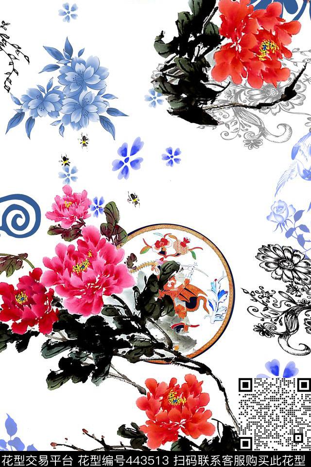中国风花圆盘花纹旗袍数码印花华亿平台下载（图片编号: 443513） - 瓦栏（Walan）