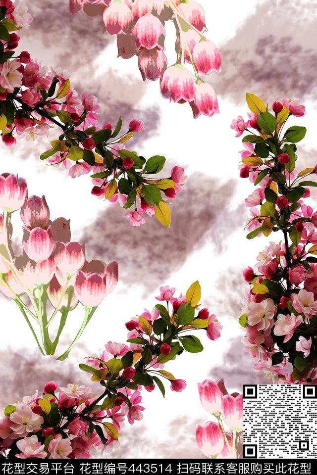 海棠花花瓣手绘数码印花华亿平台下载（图片编号: 443514） - 瓦栏（Walan）