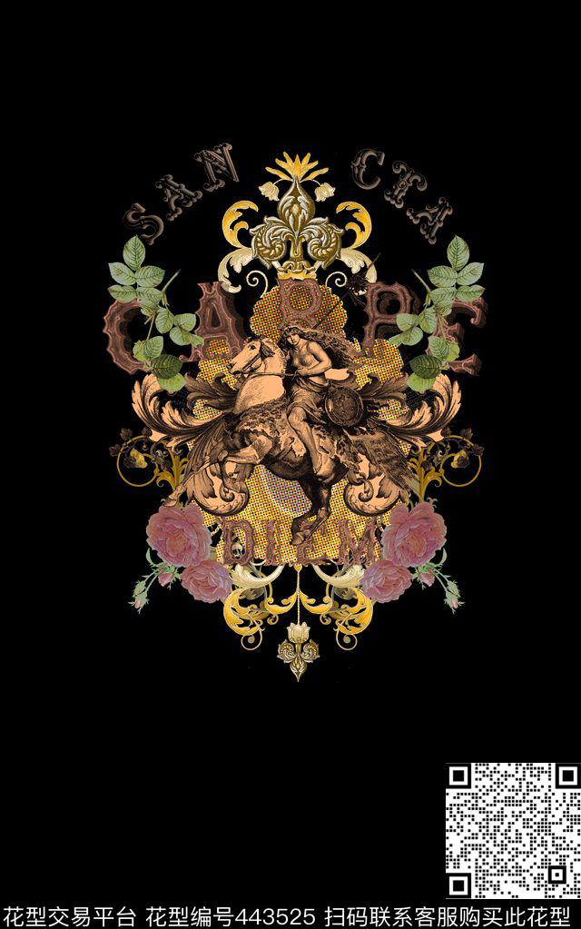 复古骑士花卉男装印花数码印花华亿平台下载（图片编号: 443525） - 瓦栏（Walan）