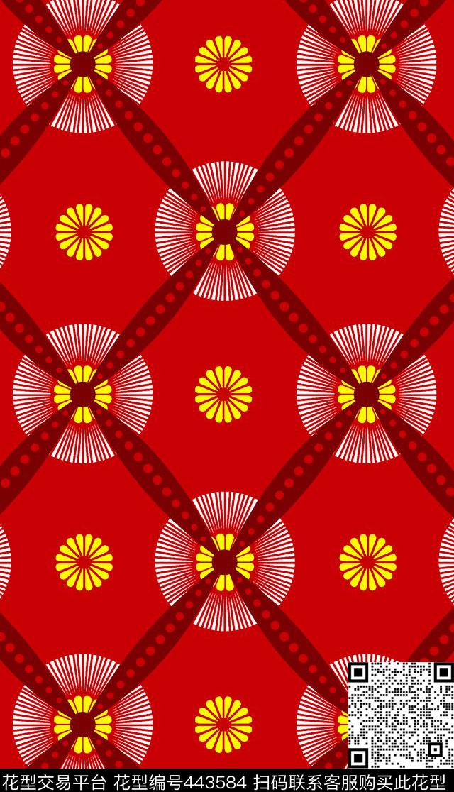 红底花卉黄花传统印花华亿平台下载（图片编号: 443584） - 瓦栏（Walan）