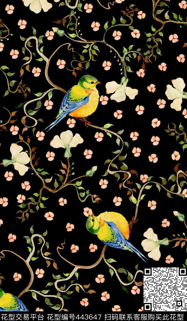 花卉清新小鸟数码印花华亿平台下载（图片编号: 443647） - 瓦栏（Walan）