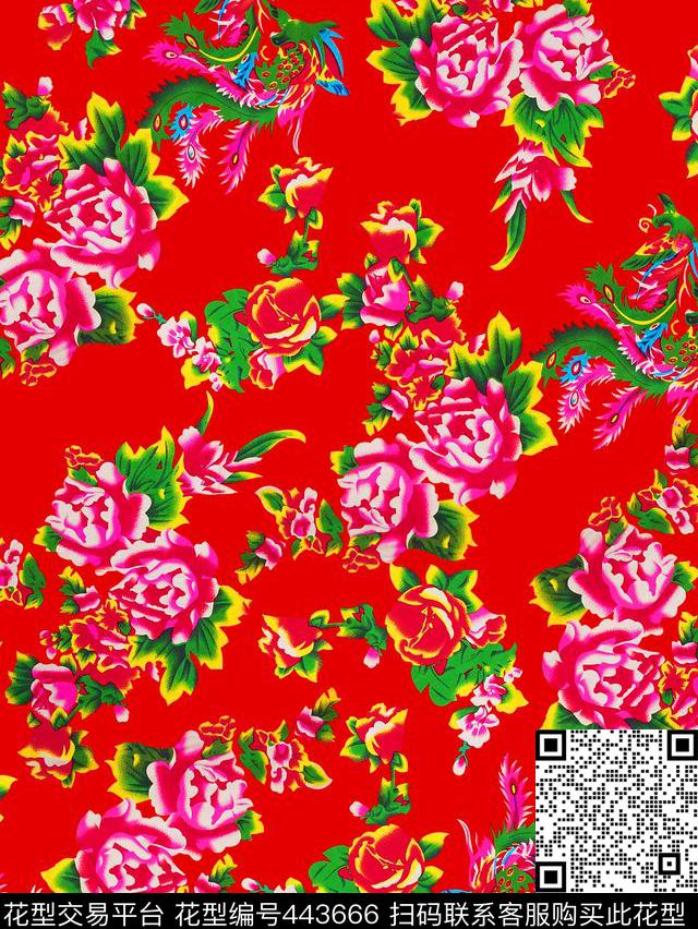 大红牡丹时尚复古中国风传统印花华亿平台下载（图片编号: 443666） - 瓦栏（Walan）