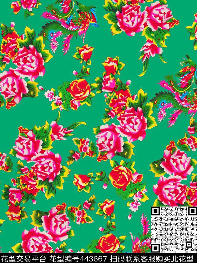 中国风大红牡丹时尚复古数码印花华亿平台下载（图片编号: 443667） - 瓦栏（Walan）