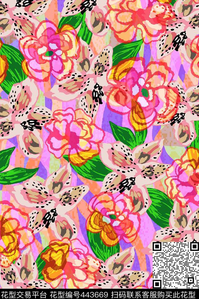 手绘写意花不规则色块传统印花华亿平台下载（图片编号: 443669） - 瓦栏（Walan）