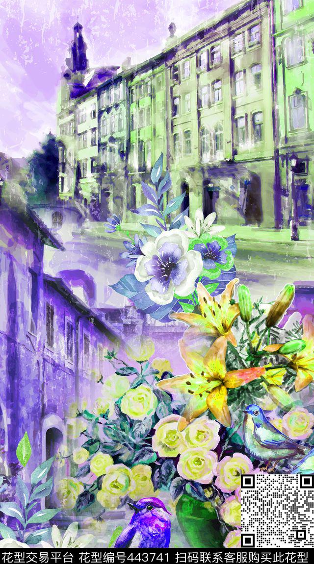 写意水彩风格欧洲古城风景数码印花华亿平台下载（图片编号: 443741） - 瓦栏（Walan）