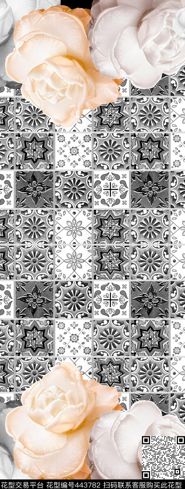 定位漂亮大花欧式底纹格子数码印花华亿平台下载（图片编号: 443782） - 瓦栏（Walan）