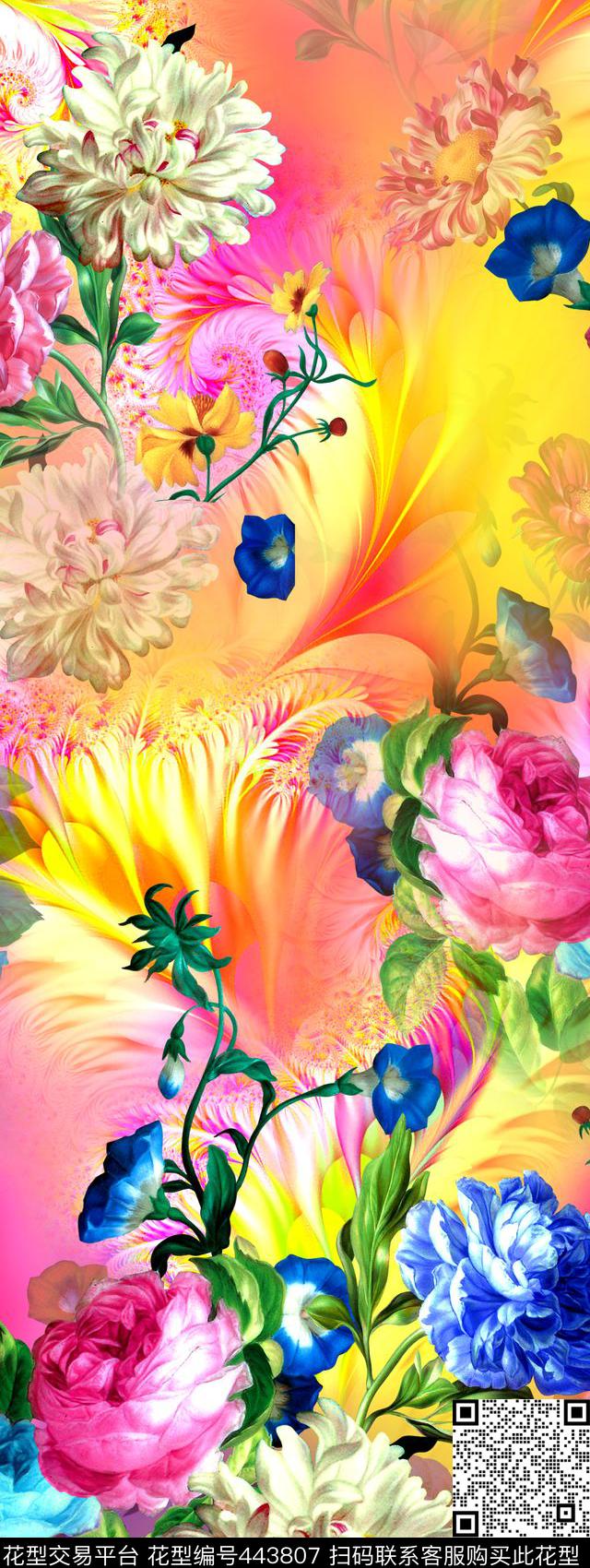 时尚油画花卉抽象羽毛数码印花华亿平台下载（图片编号: 443807） - 瓦栏（Walan）
