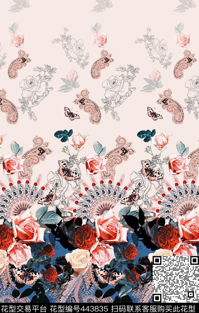 欧式佩斯利涡旋纹扇子扇子二方连续真丝数码时尚印花数码印花华亿平台下载（图片编号: 443835） - 瓦栏（Walan）