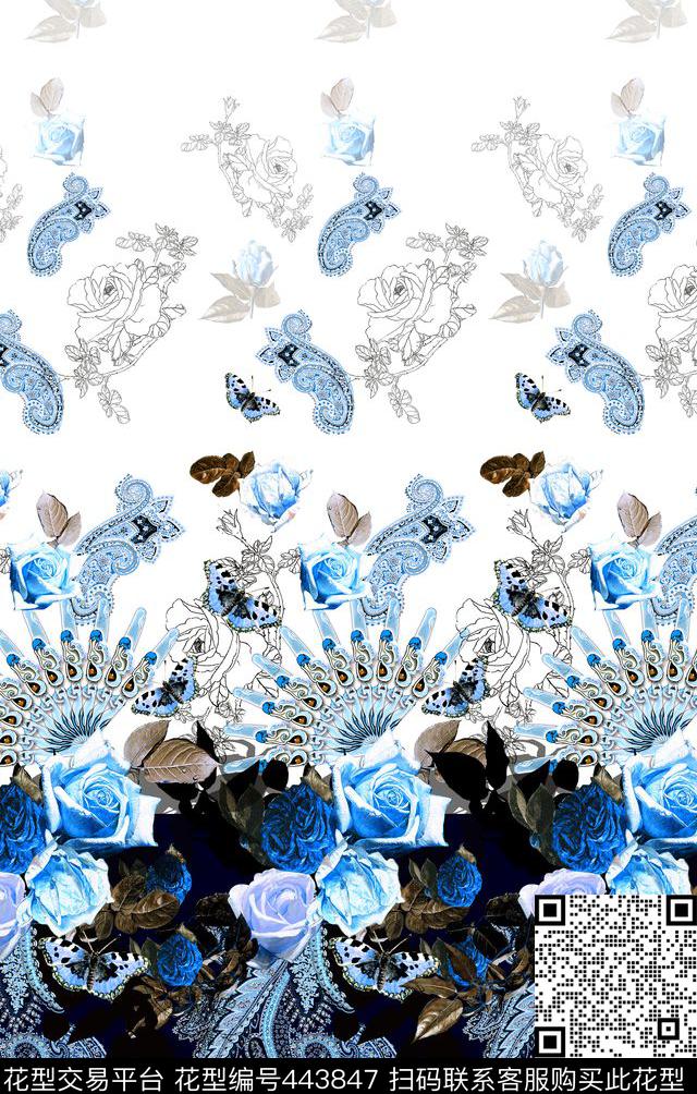 扇子排花二方连续青花配色油画花卉真丝数码时尚年轻欧式佩斯利涡旋纹-蓝红数码印花华亿平台下载（图片编号: 443847） - 瓦栏（Walan）