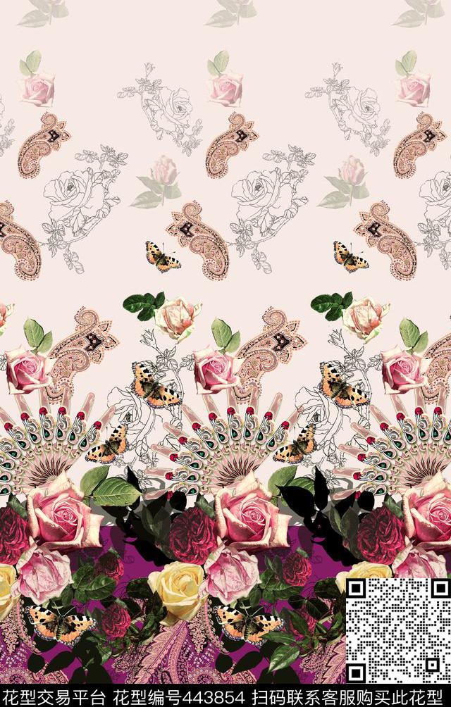 扇子排花二方连续青花配色油画花卉真丝数码时尚年轻欧式佩斯利涡旋纹-蓝红数码印花华亿平台下载（图片编号: 443854） - 瓦栏（Walan）