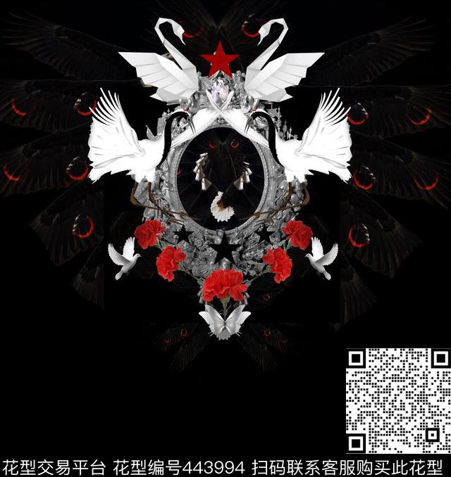 潮流康乃馨复古仙鹤老鹰数码印花华亿平台下载（图片编号: 443994） - 瓦栏（Walan）