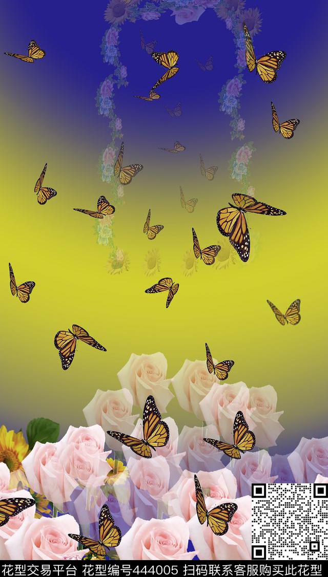 定位花蝴蝶花卉数码印花华亿平台下载（图片编号: 444005） - 瓦栏（Walan）