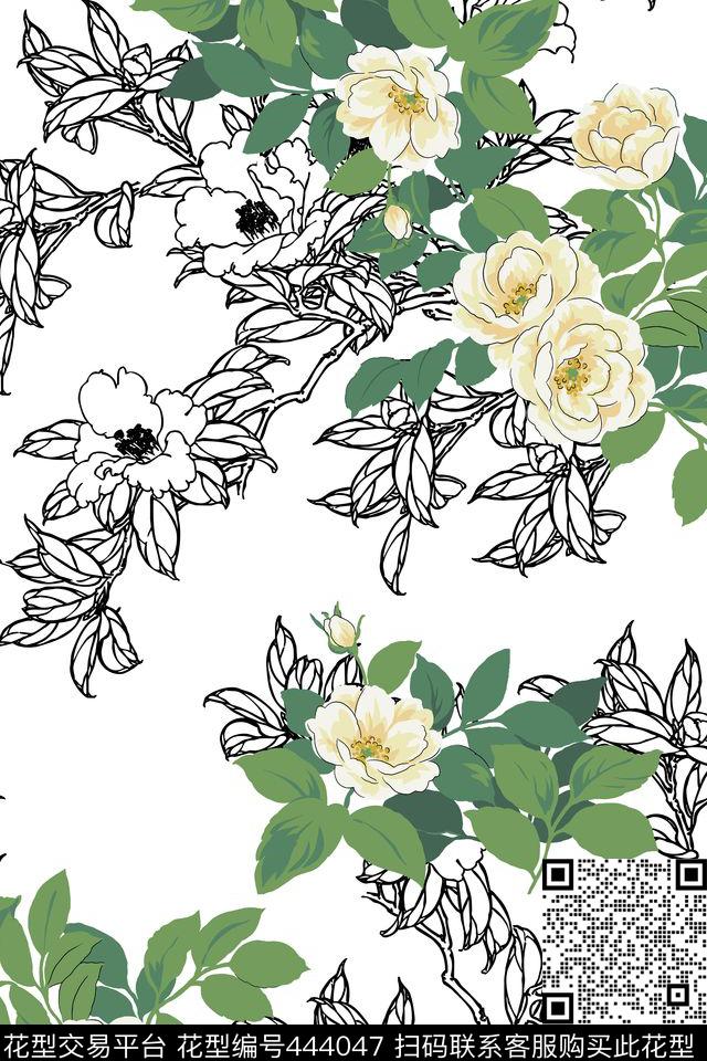 清新山茶花手绘传统印花华亿平台下载（图片编号: 444047） - 瓦栏（Walan）
