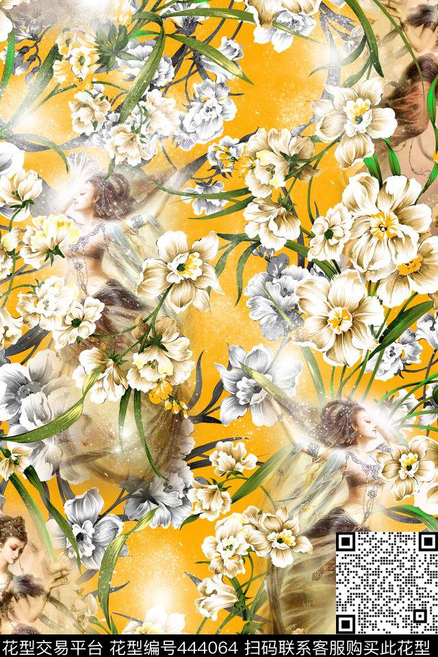 潮牌手绘水仙数码印花华亿平台下载（图片编号: 444064） - 瓦栏（Walan）