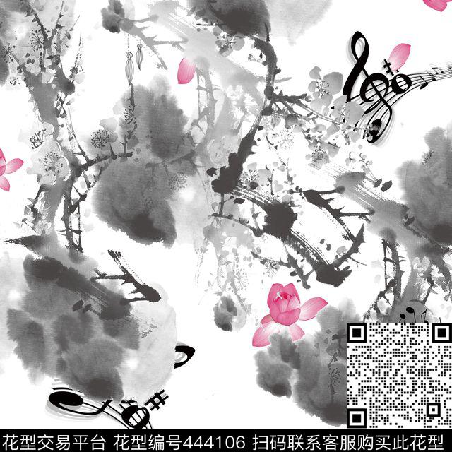 复古中国风鸟音符水墨荷花分三层水墨渲染花梅花荷花毛笔动物鸟音符传统印花华亿平台下载（图片编号: 444106） - 瓦栏（Walan）