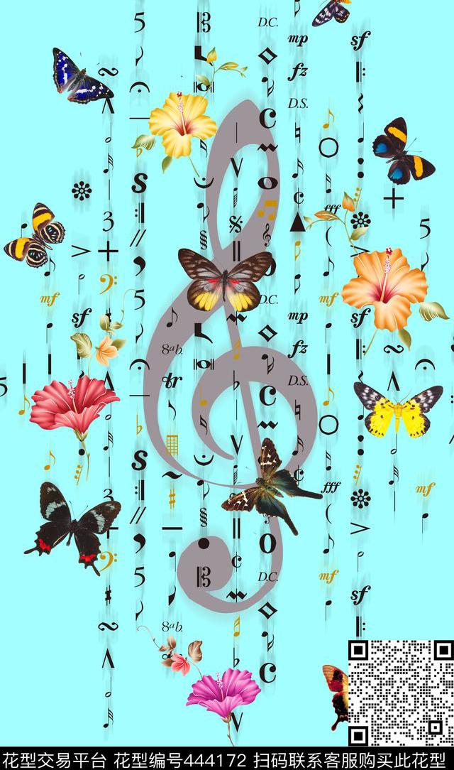 音符音乐蝴蝶数码印花华亿平台下载（图片编号: 444172） - 瓦栏（Walan）