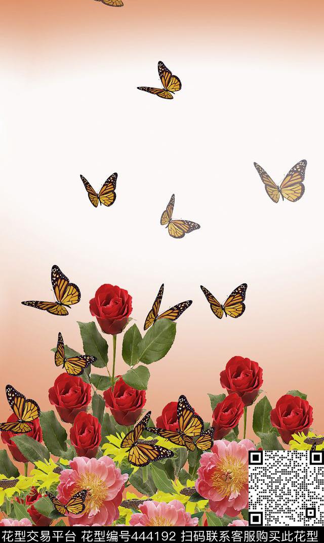 定位花蝴蝶玫瑰数码印花华亿平台下载（图片编号: 444192） - 瓦栏（Walan）