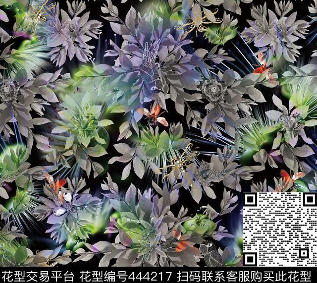 抽象花叶子数码印花华亿平台下载（图片编号: 444217） - 瓦栏（Walan）