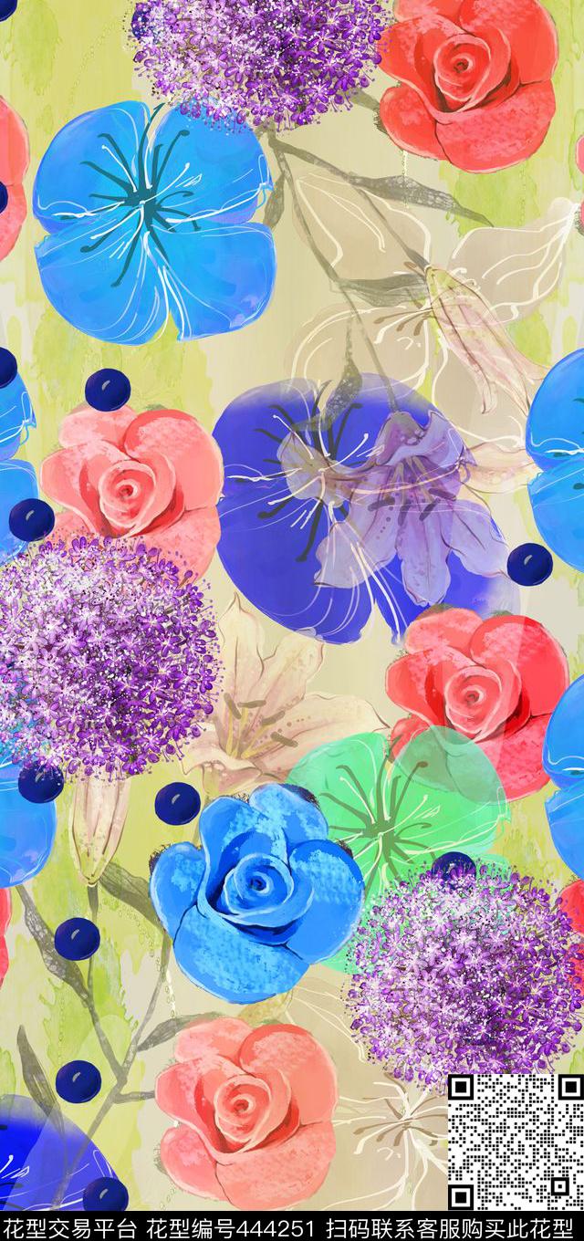 漂亮五彩花卉波点数码印花华亿平台下载（图片编号: 444251） - 瓦栏（Walan）