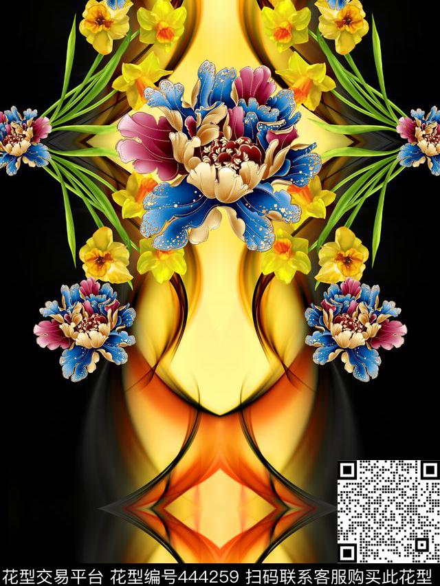 复古时尚牡丹兰花钥匙数码印花华亿平台下载（图片编号: 444259） - 瓦栏（Walan）