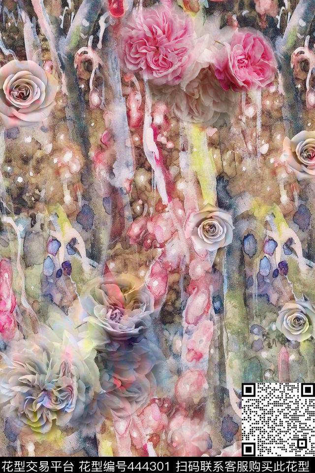 油画底纹玫瑰花牡丹花数码印花华亿平台下载（图片编号: 444301） - 瓦栏（Walan）