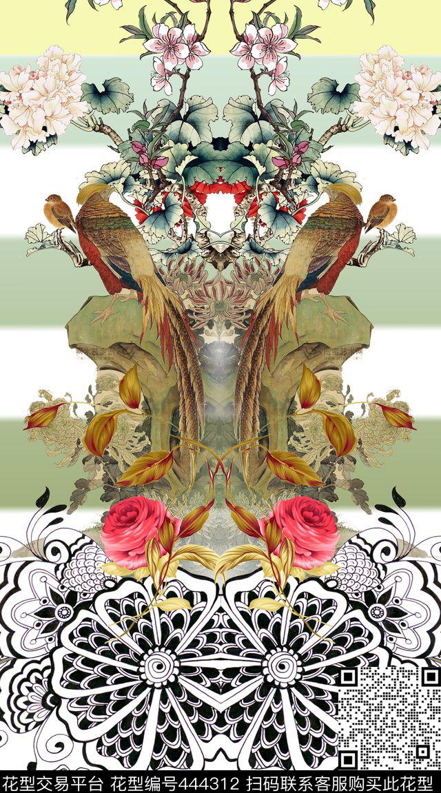 中国风工笔画花鸟数码印花华亿平台下载（图片编号: 444312） - 瓦栏（Walan）