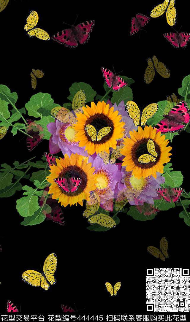 服装黑色花卉数码印花华亿平台下载（图片编号: 444445） - 瓦栏（Walan）