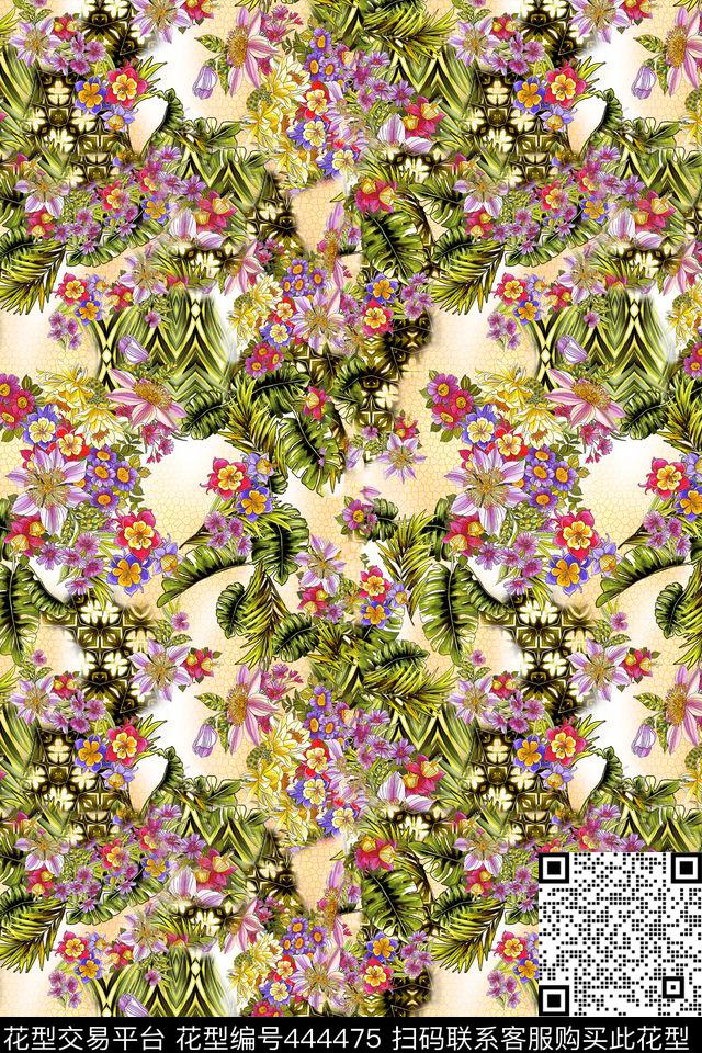热带花卉阔叶植物数码印花华亿平台下载（图片编号: 444475） - 瓦栏（Walan）