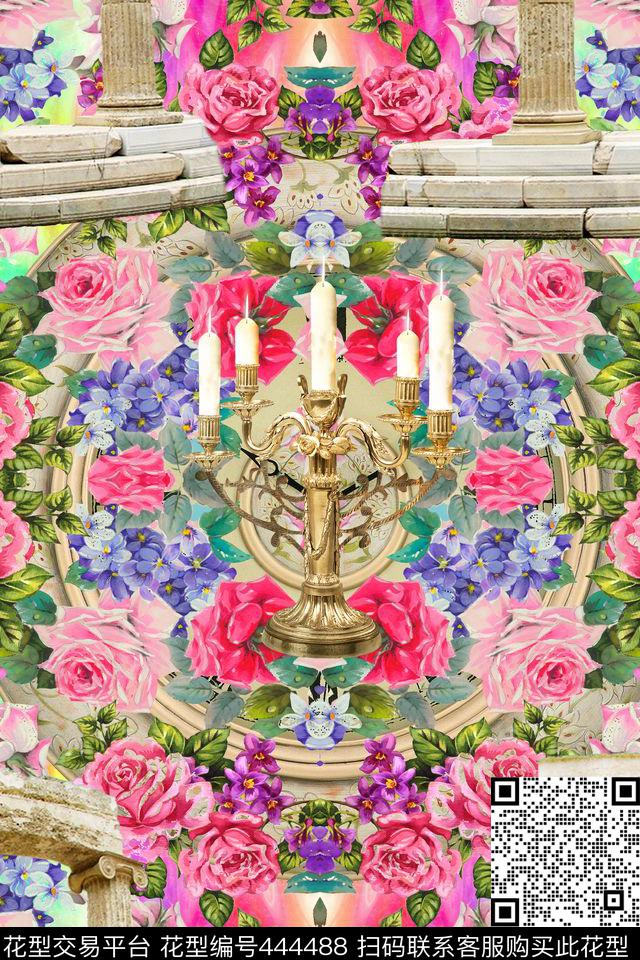 欧式宫廷风古建筑花卉数码印花华亿平台下载（图片编号: 444488） - 瓦栏（Walan）